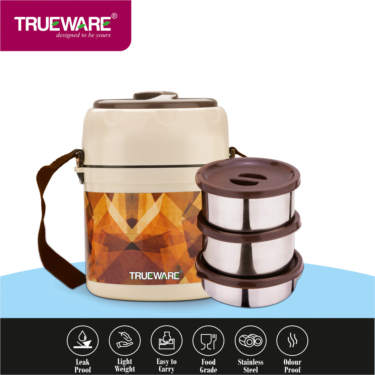 Trueware Office 3 Lunch Box with 3 Stainless Steel Container,300ml X 3 Brown