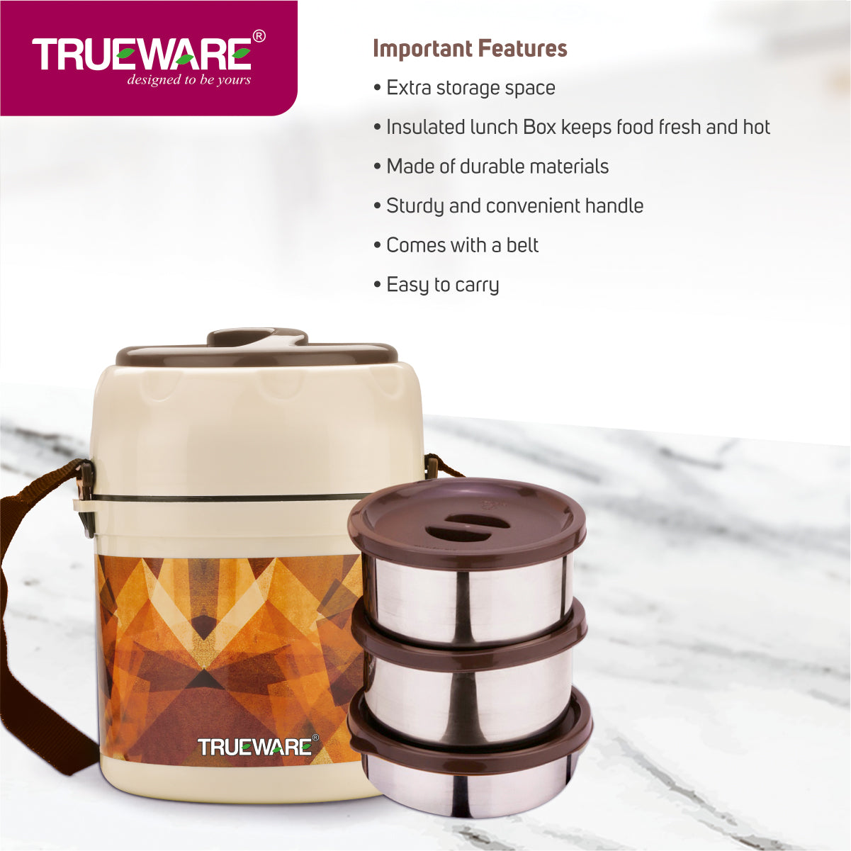 Trueware Office 3 Lunch Box with 3 Stainless Steel Container,300ml X 3 Brown