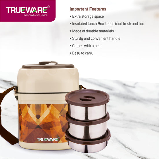 Trueware Office 3 Lunch Box with 3 Stainless Steel Container,300ml X 3 Brown