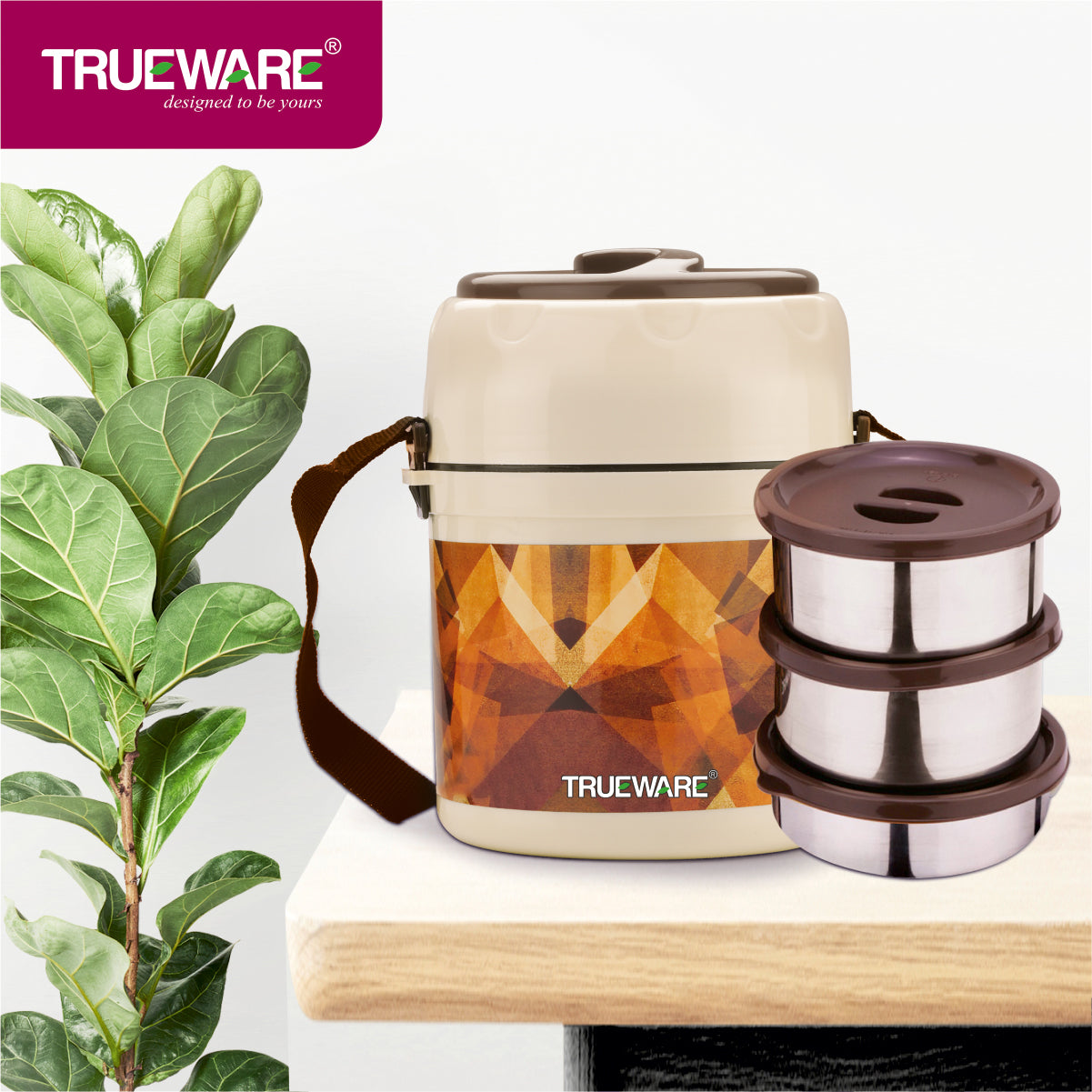 Trueware Office 3 Lunch Box with 3 Stainless Steel Container,300ml X 3 Brown