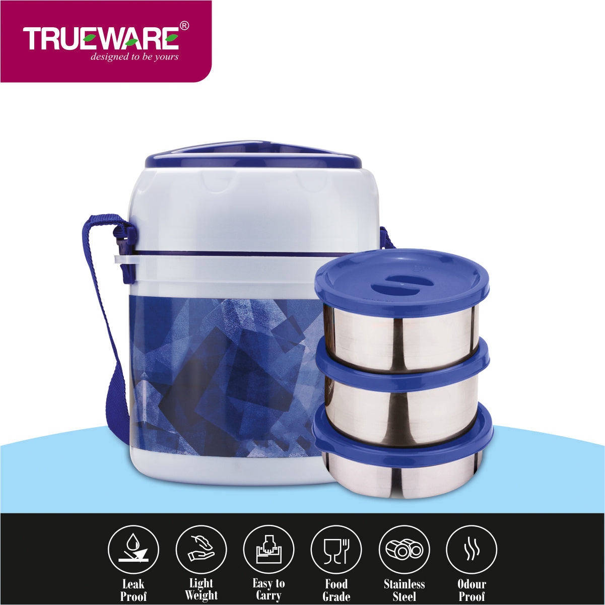 Trueware Office 3 Lunch Box with 3 Stainless Steel Container,300ml X 3 Brown