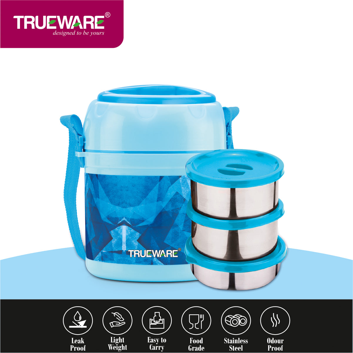 Trueware Office 3 Lunch Box with 3 Stainless Steel Container,300ml X 3 Brown