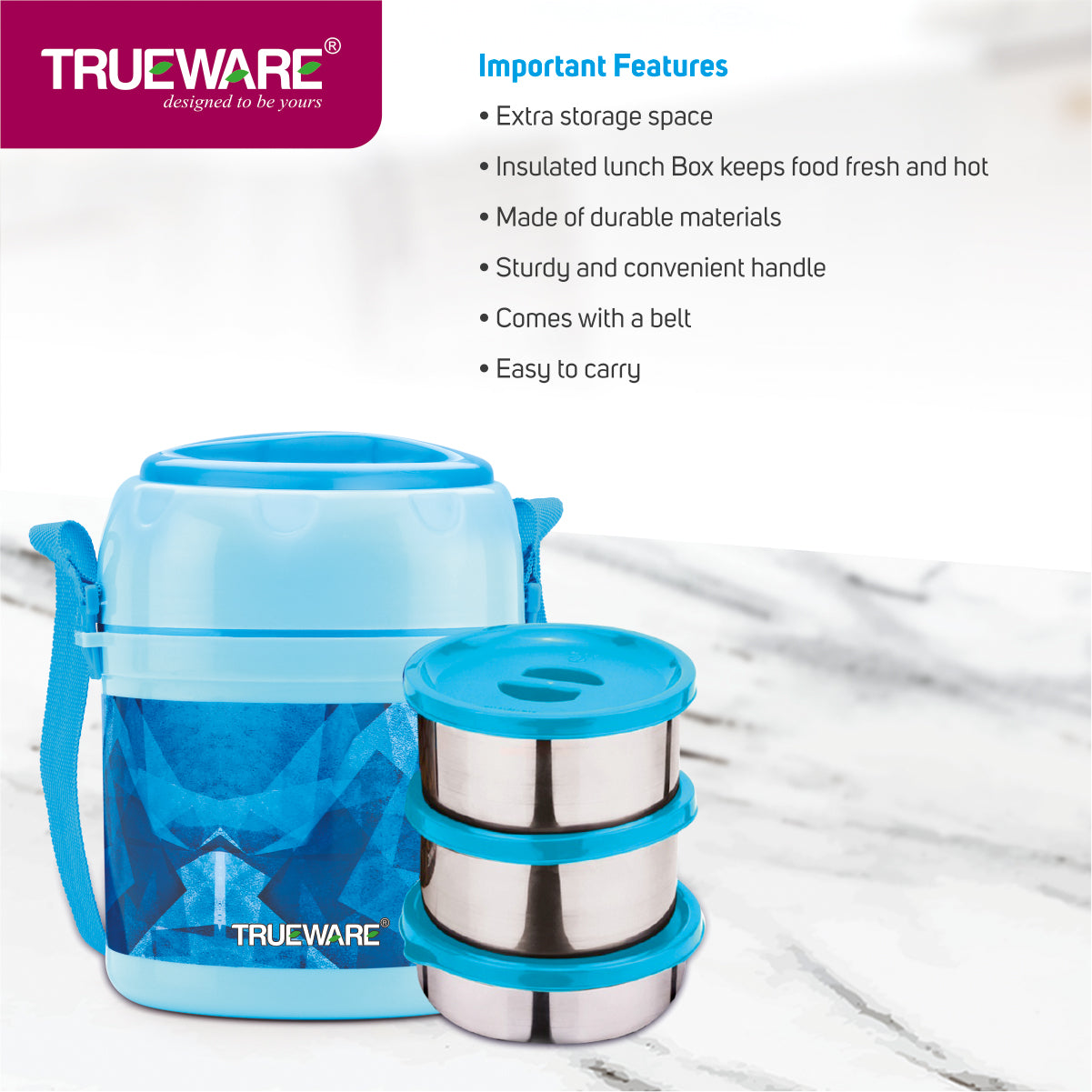 Trueware Office 3 Lunch Box with 3 Stainless Steel Container,300ml X 3 Brown