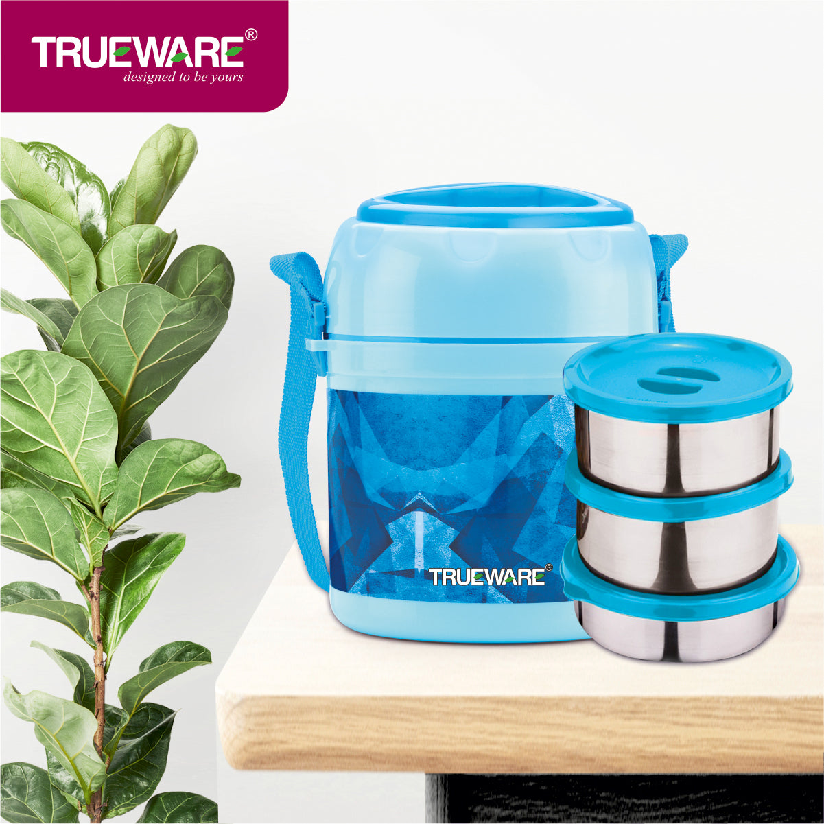 Trueware Office 3 Lunch Box with 3 Stainless Steel Container,300ml X 3 Brown
