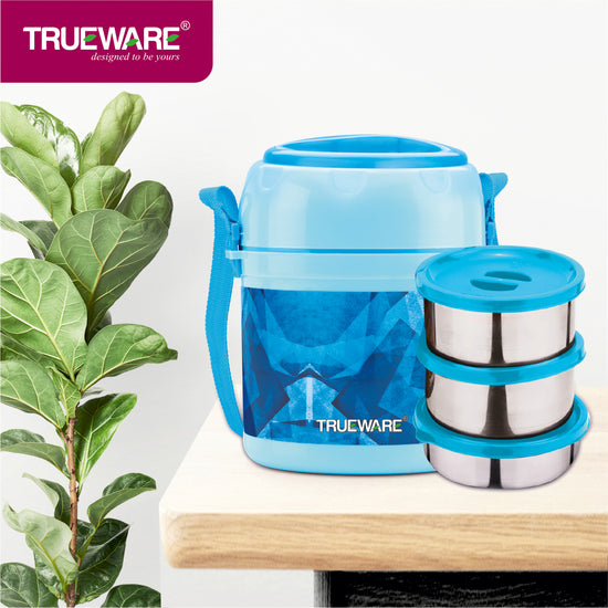 Trueware Office 3 Lunch Box with 3 Stainless Steel Container,300ml X 3 Brown