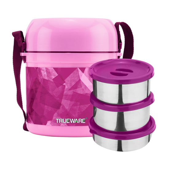 Trueware Office 3 Lunch Box with 3 Stainless Steel Container,300ml X 3 Brown