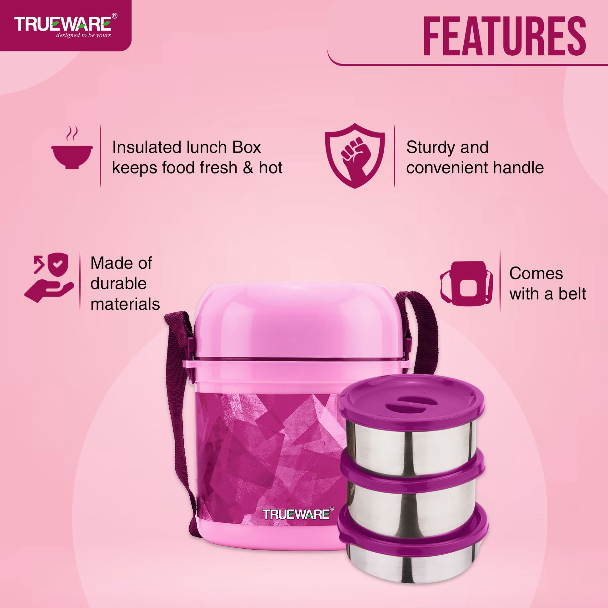 Trueware Office 3 Lunch Box with 3 Stainless Steel Container,300ml X 3 Brown