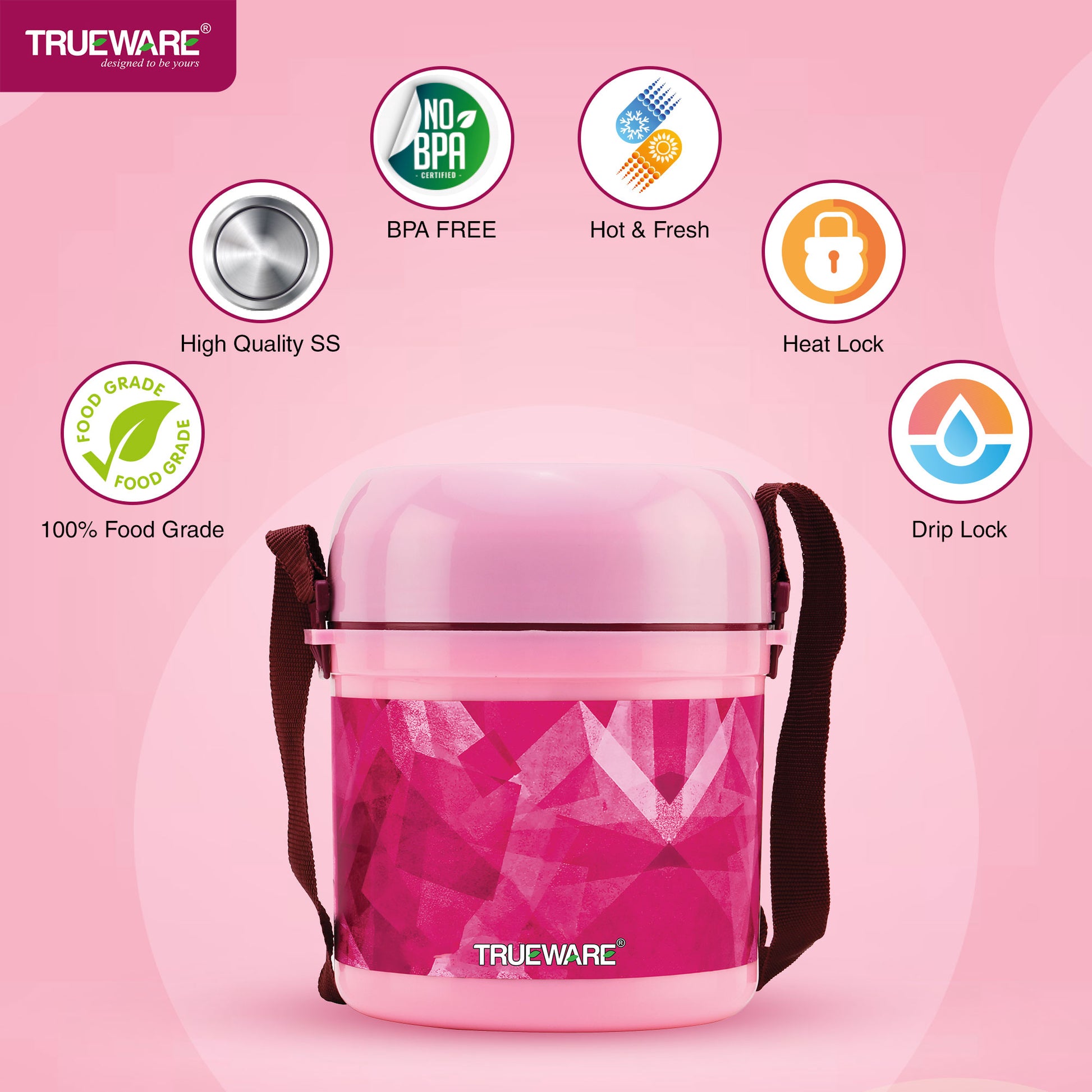 Trueware Office 3 Lunch Box with 3 Stainless Steel Container,300ml X 3 Brown