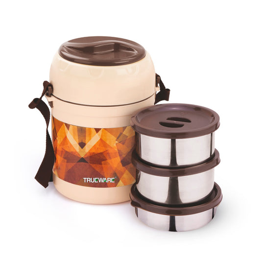 TRUEWARE Office Plus 2 Lunch Box with 3 Stainless Steel Container,300ml X2 , 200Ml X 1 Brown