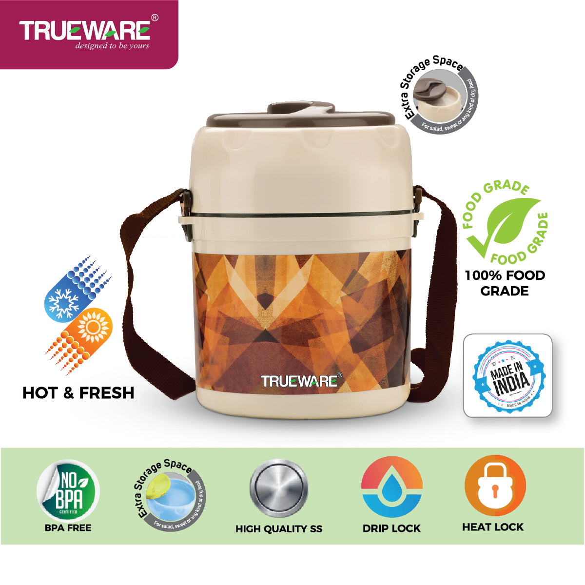 TRUEWARE Office Plus 2 Lunch Box with 3 Stainless Steel Container,300ml X2 , 200Ml X 1 Brown