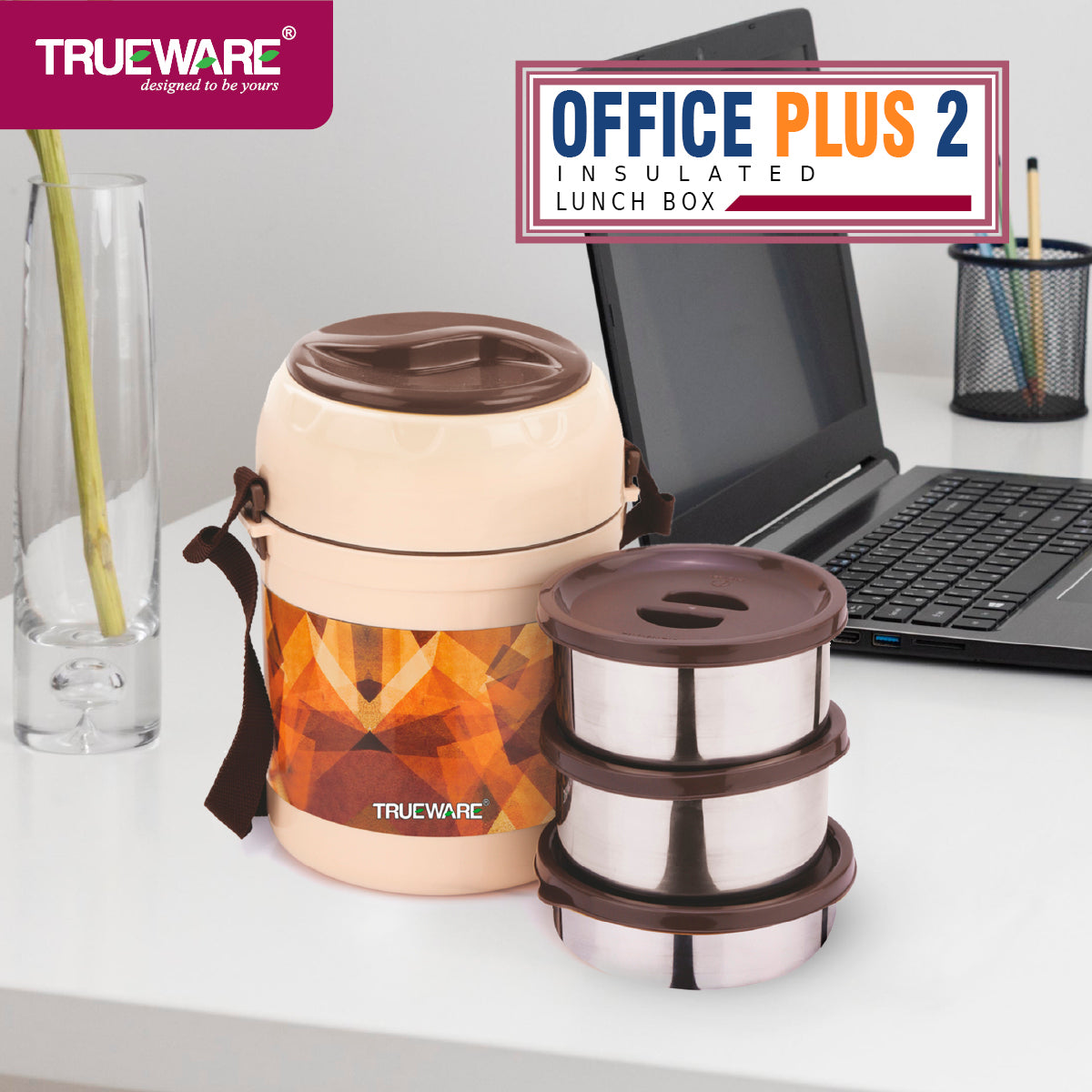 TRUEWARE Office Plus 2 Lunch Box with 3 Stainless Steel Container,300ml X2 , 200Ml X 1 Brown