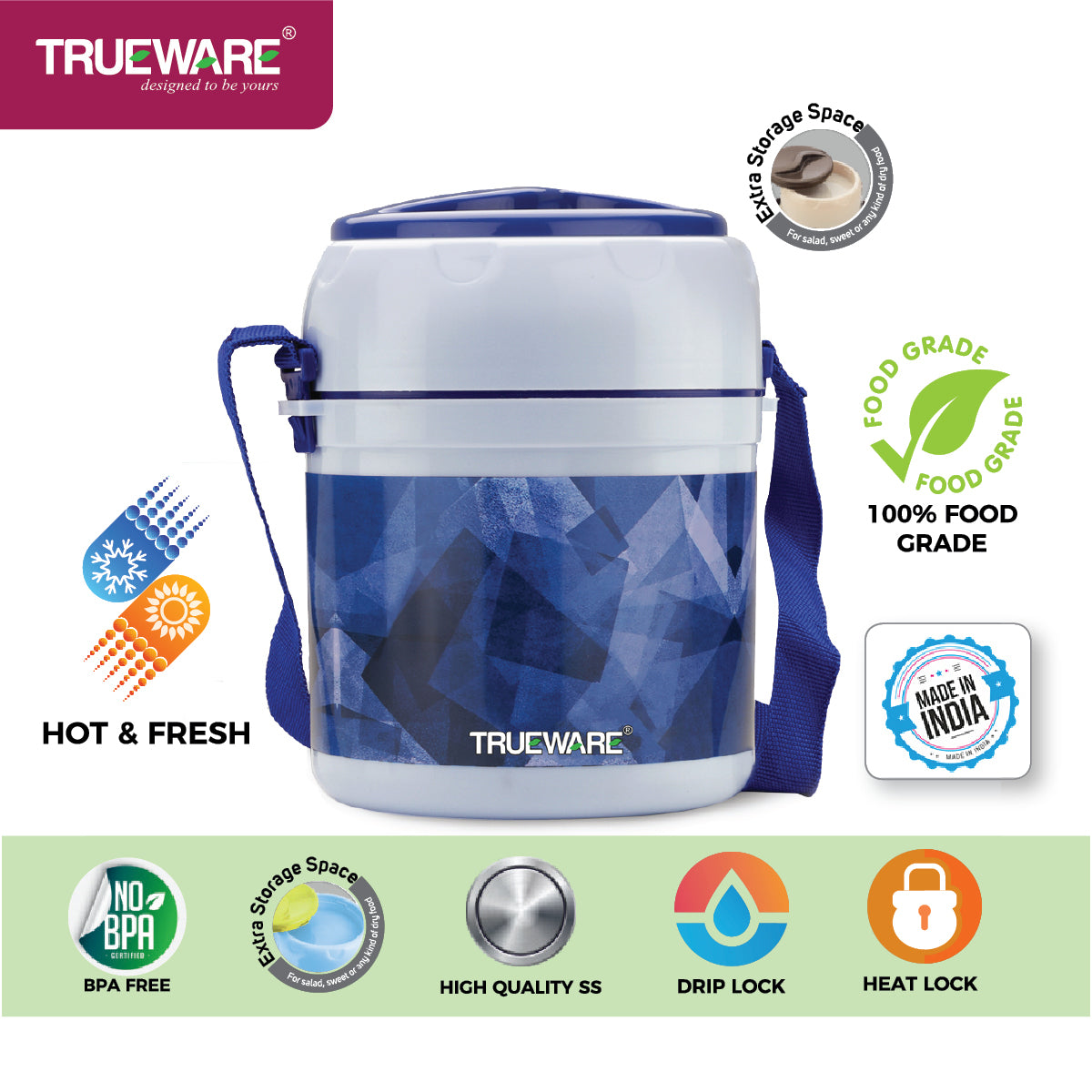 TRUEWARE Office Plus 2 Lunch Box with 3 Stainless Steel Container,300ml X2 , 200Ml X 1 Brown