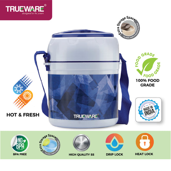 TRUEWARE Office Plus 2 Lunch Box with 3 Stainless Steel Container,300ml X2 , 200Ml X 1 Brown