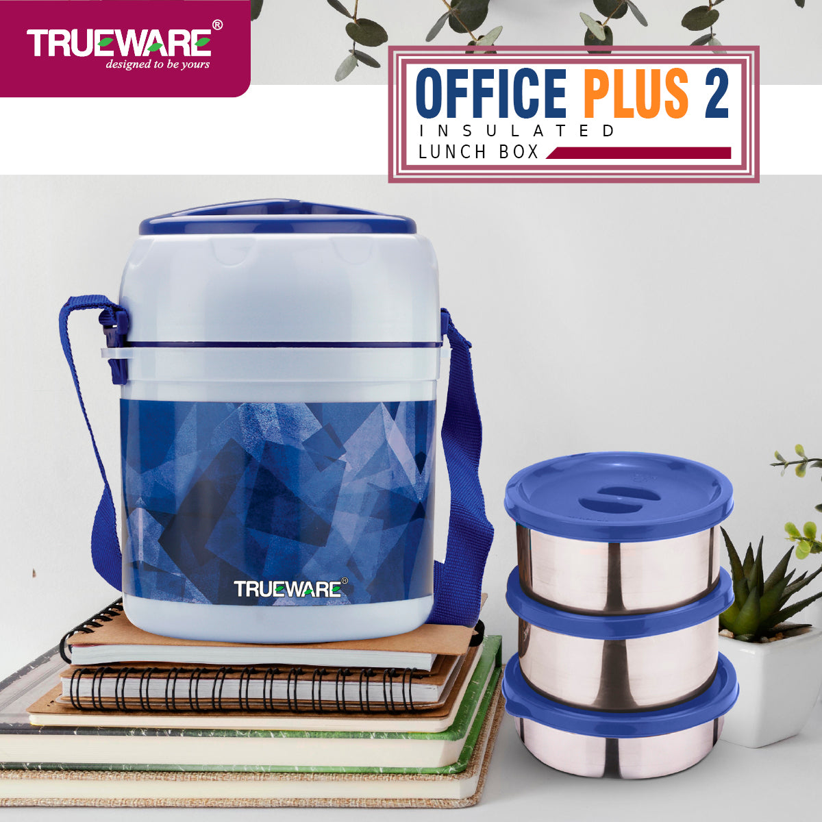 TRUEWARE Office Plus 2 Lunch Box with 3 Stainless Steel Container,300ml X2 , 200Ml X 1 Brown