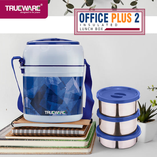 TRUEWARE Office Plus 2 Lunch Box with 3 Stainless Steel Container,300ml X2 , 200Ml X 1 Brown