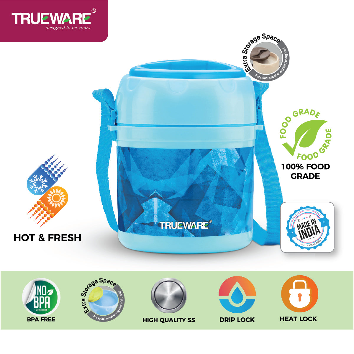 TRUEWARE Office Plus 2 Lunch Box with 3 Stainless Steel Container,300ml X2 , 200Ml X 1 Brown