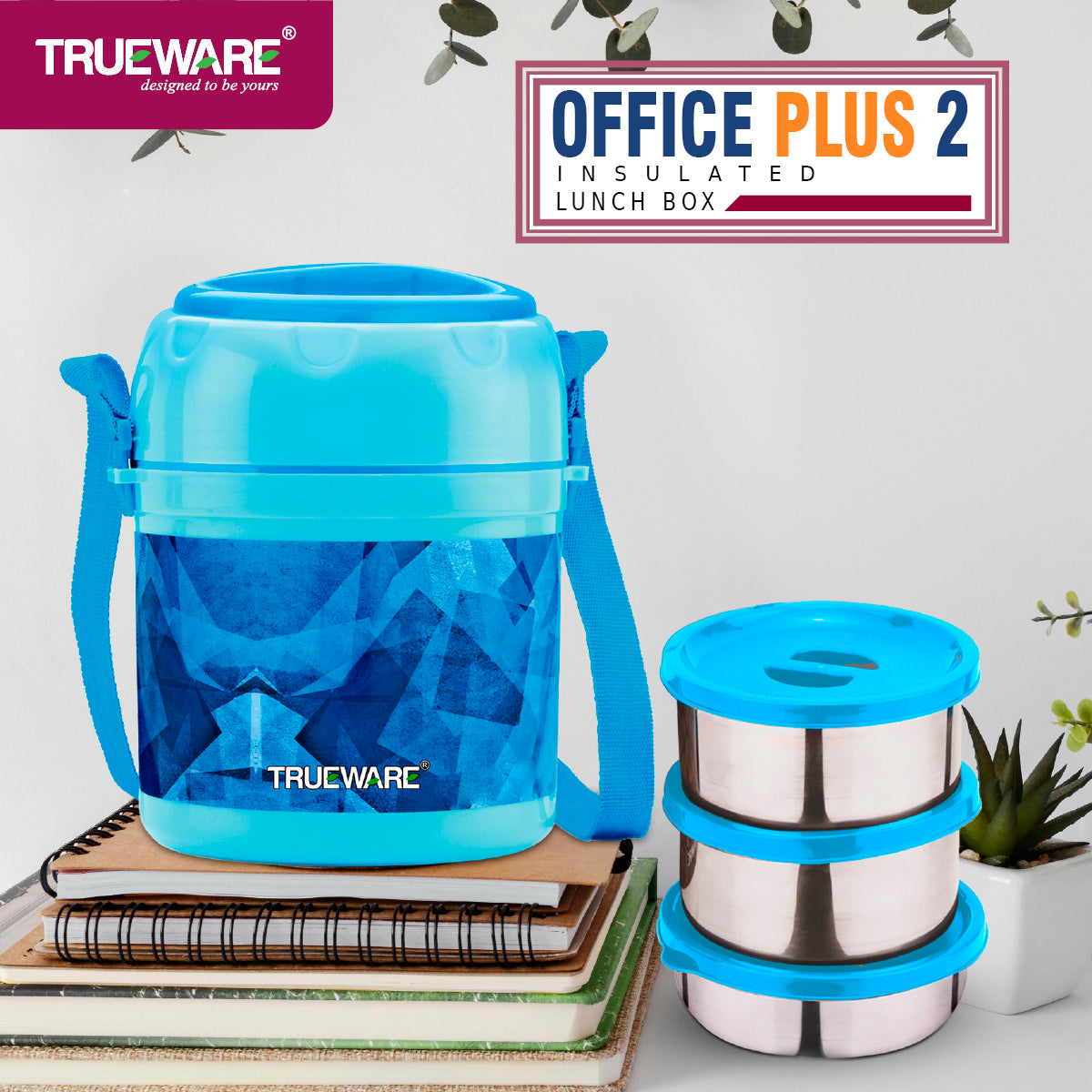 TRUEWARE Office Plus 2 Lunch Box with 3 Stainless Steel Container,300ml X2 , 200Ml X 1 Brown