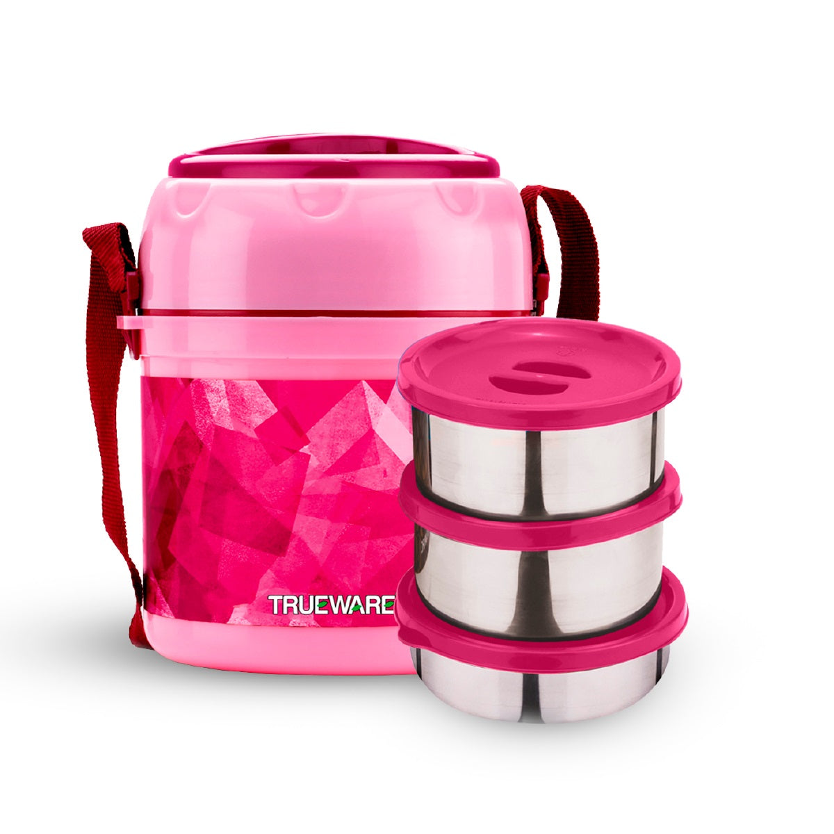 TRUEWARE Office Plus 2 Lunch Box with 3 Stainless Steel Container,300ml X2 , 200Ml X 1 Brown