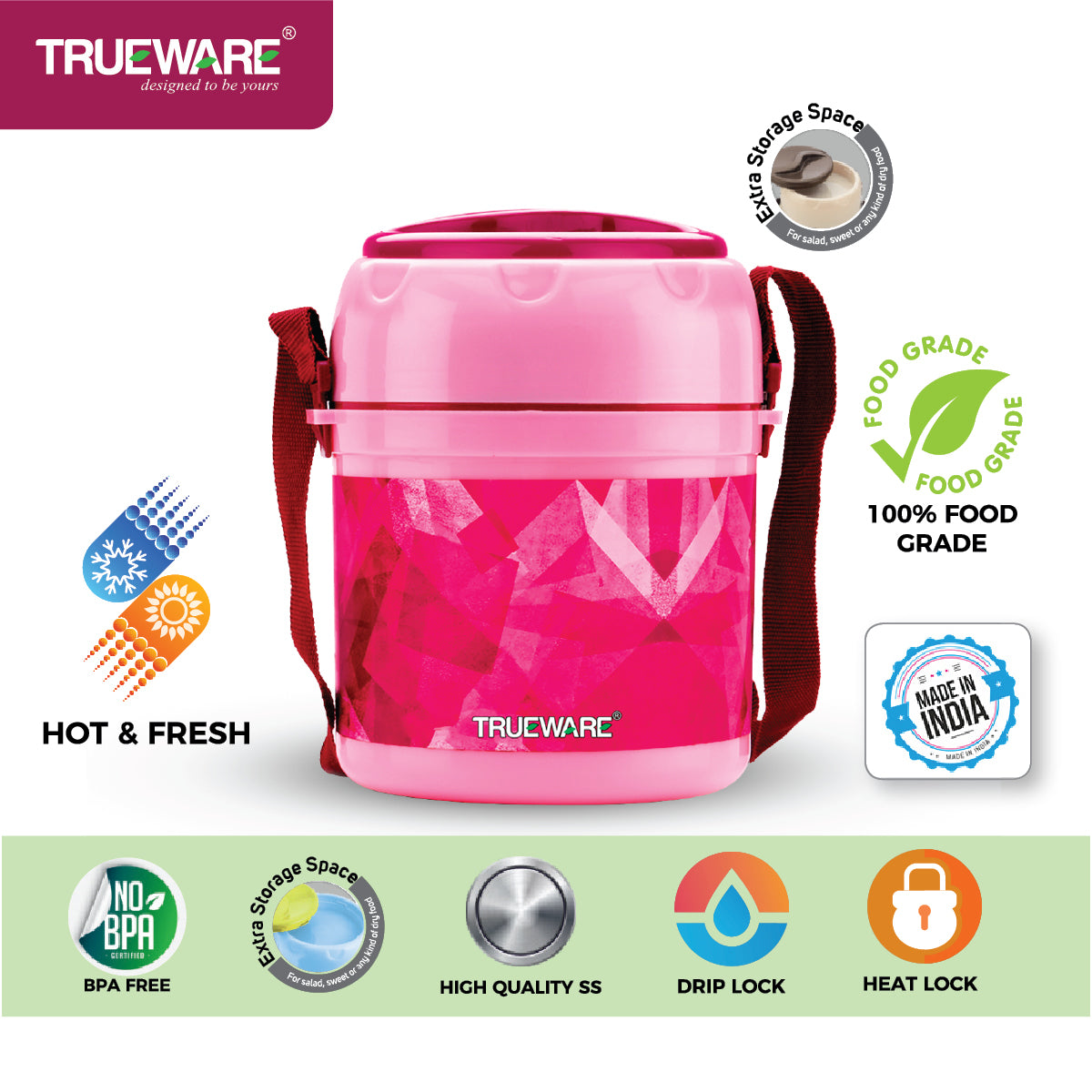 TRUEWARE Office Plus 2 Lunch Box with 3 Stainless Steel Container,300ml X2 , 200Ml X 1 Brown