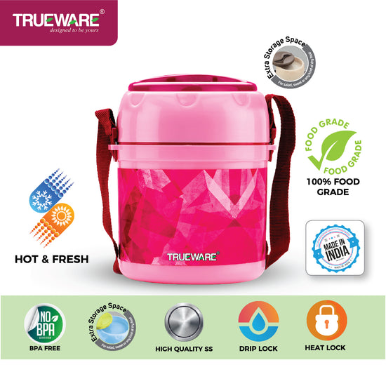 TRUEWARE Office Plus 2 Lunch Box with 3 Stainless Steel Container,300ml X2 , 200Ml X 1 Brown