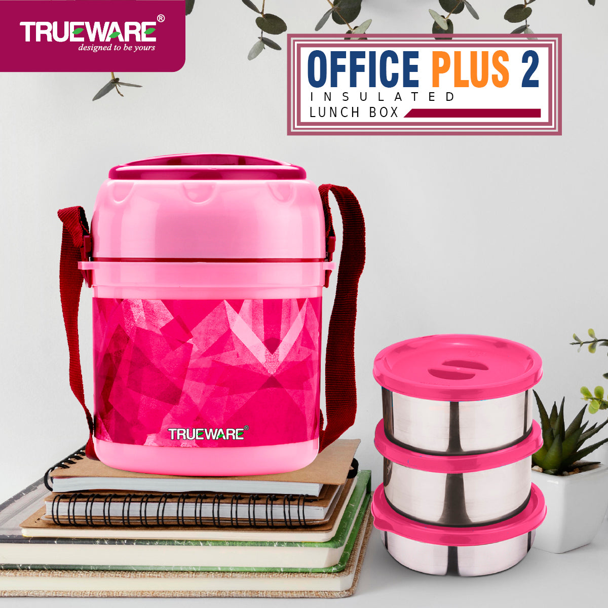 TRUEWARE Office Plus 2 Lunch Box with 3 Stainless Steel Container,300ml X2 , 200Ml X 1 Brown