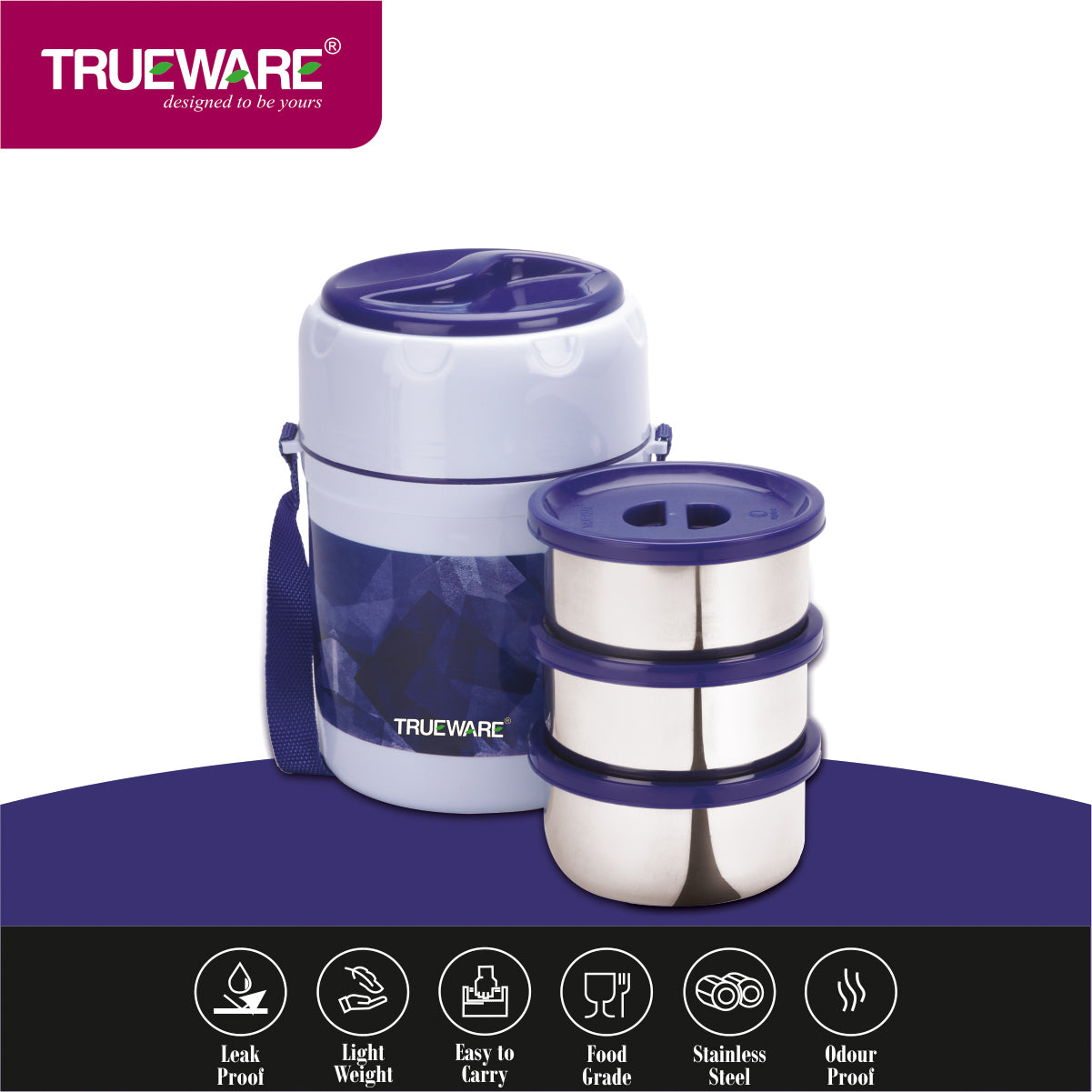 TRUEWARE Office Plus 3 Lunch Box with 3 Stainless Steel Container,300ml X3