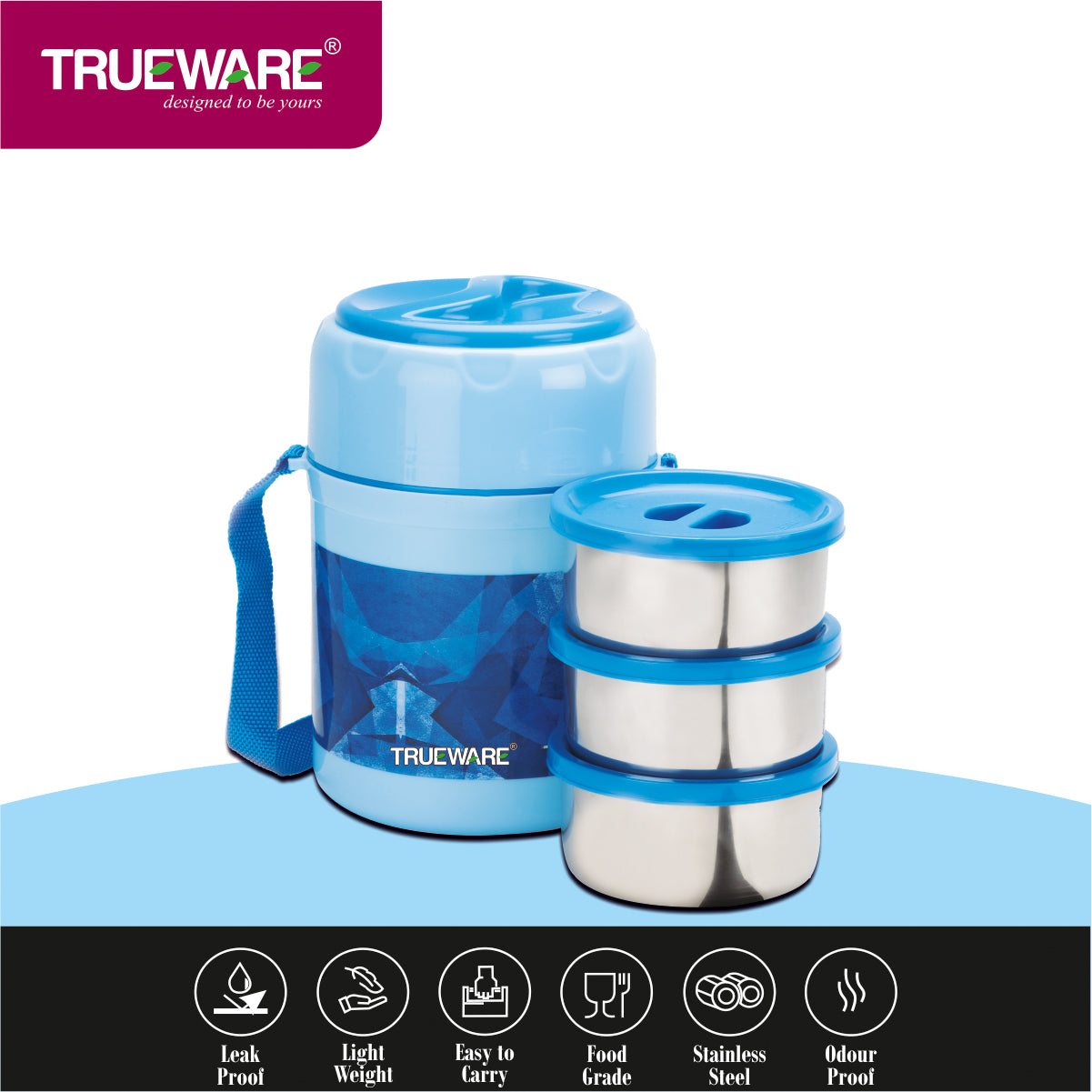 TRUEWARE Office Plus 3 Lunch Box with 3 Stainless Steel Container,300ml X3
