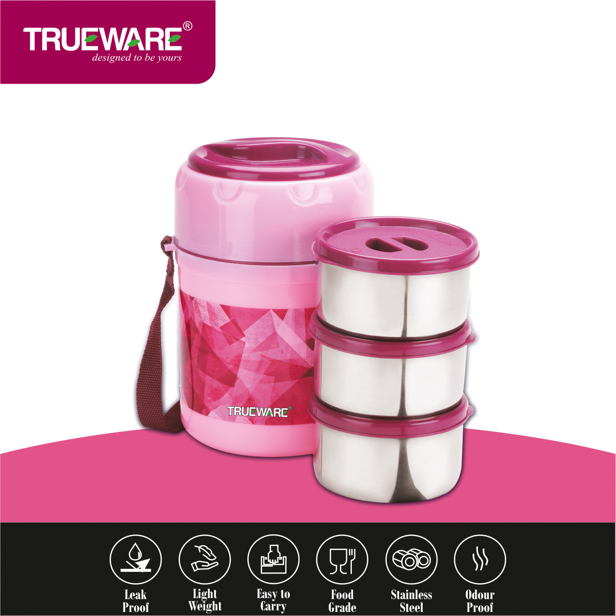 TRUEWARE Office Plus 3 Lunch Box with 3 Stainless Steel Container,300ml X3
