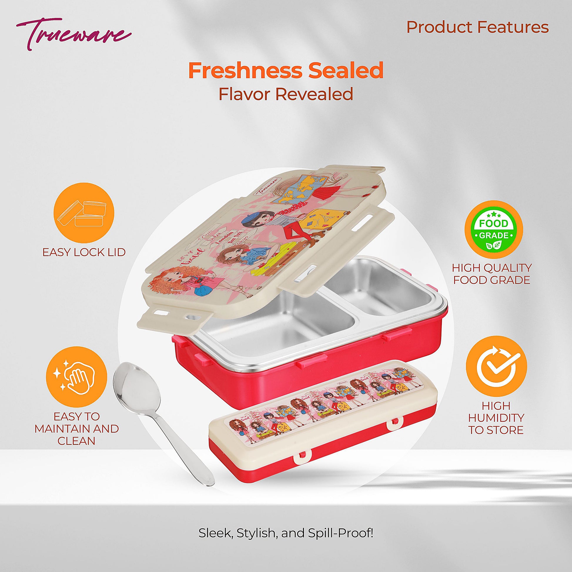 Trueware Pluto Lunch Box 2 Compartment Leak-Proof BPA Free Stainless Steel
