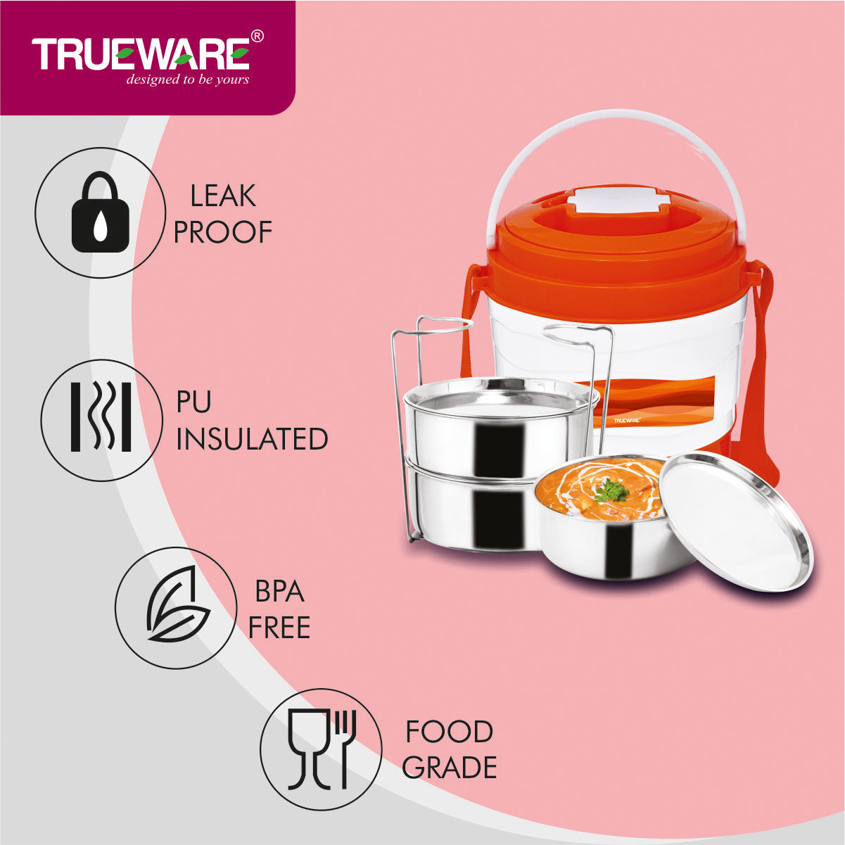 Trueware Marina 3 Lunch Box with 3 Steel Container, 300 ml X 3 Orange