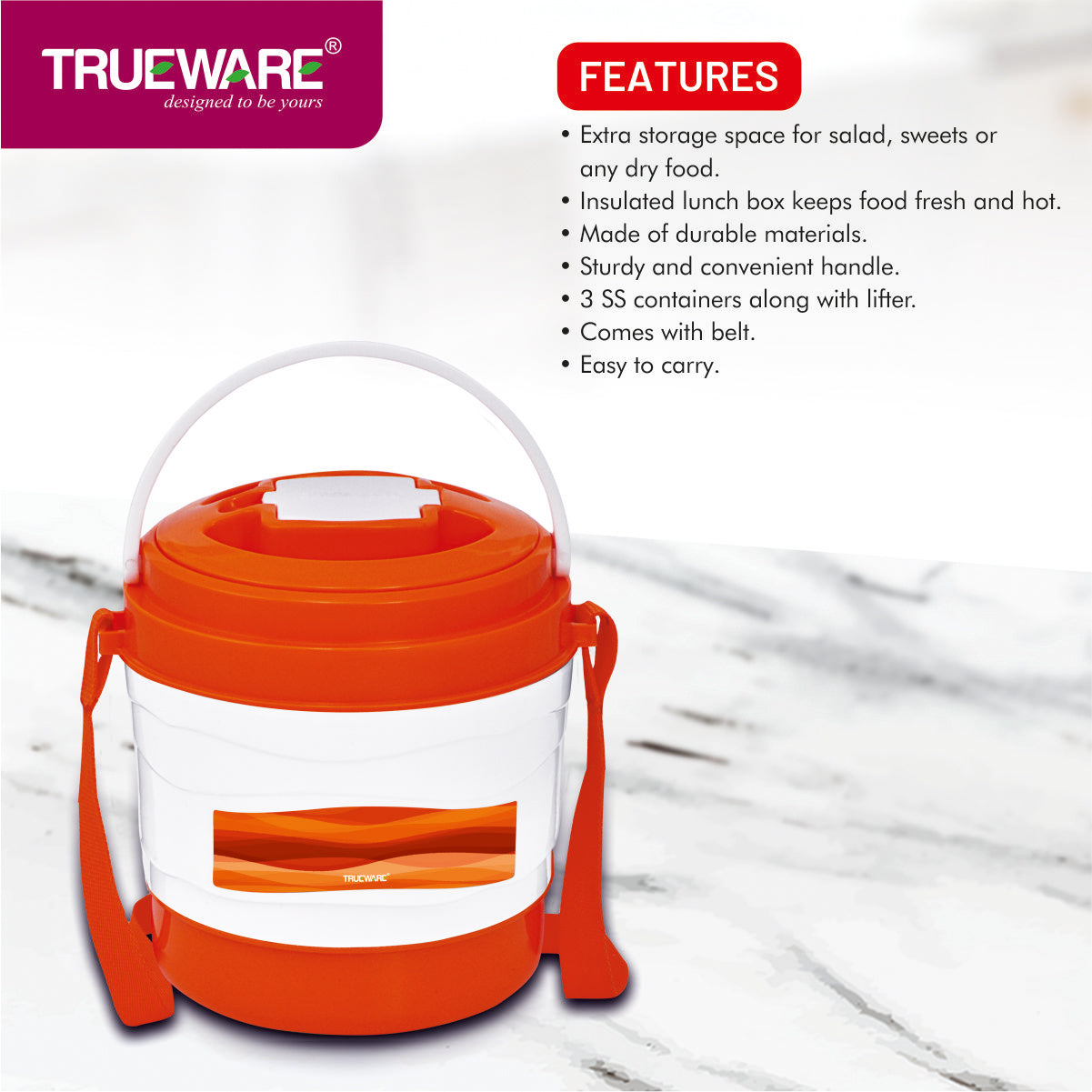 Trueware Marina 3 Lunch Box with 3 Steel Container, 300 ml X 3 Orange