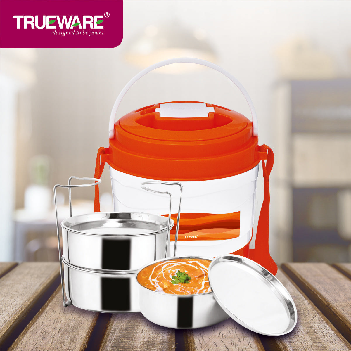 Trueware Marina 3 Lunch Box with 3 Steel Container, 300 ml X 3 Orange
