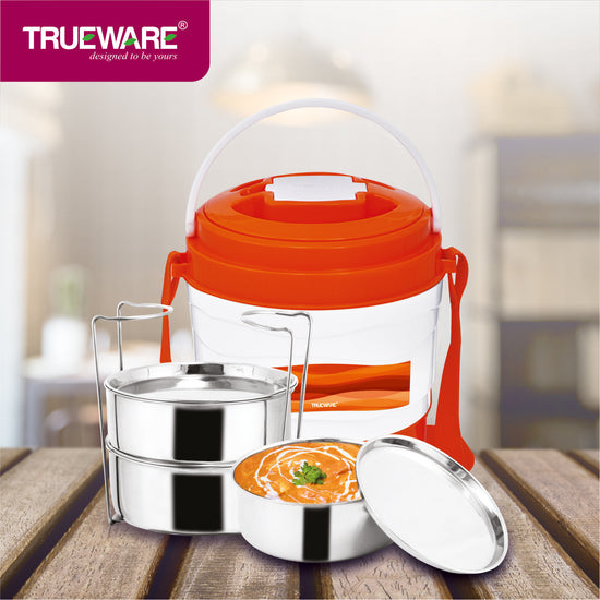 Trueware Marina 3 Lunch Box with 3 Steel Container, 300 ml X 3 Orange