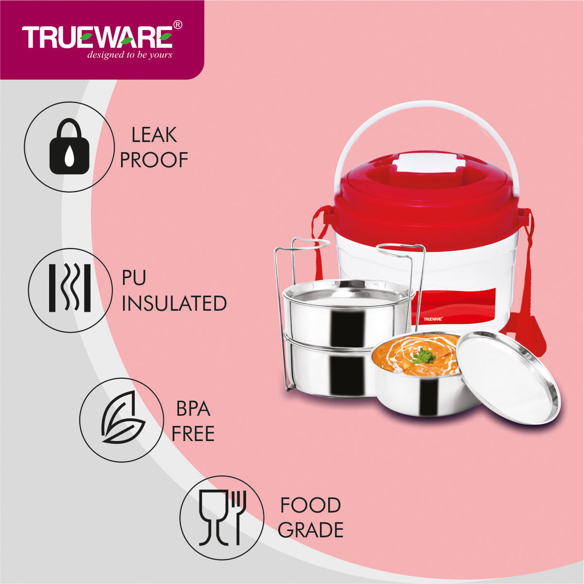 Trueware Marina 3 Lunch Box with 3 Steel Container, 300 ml X 3 Orange