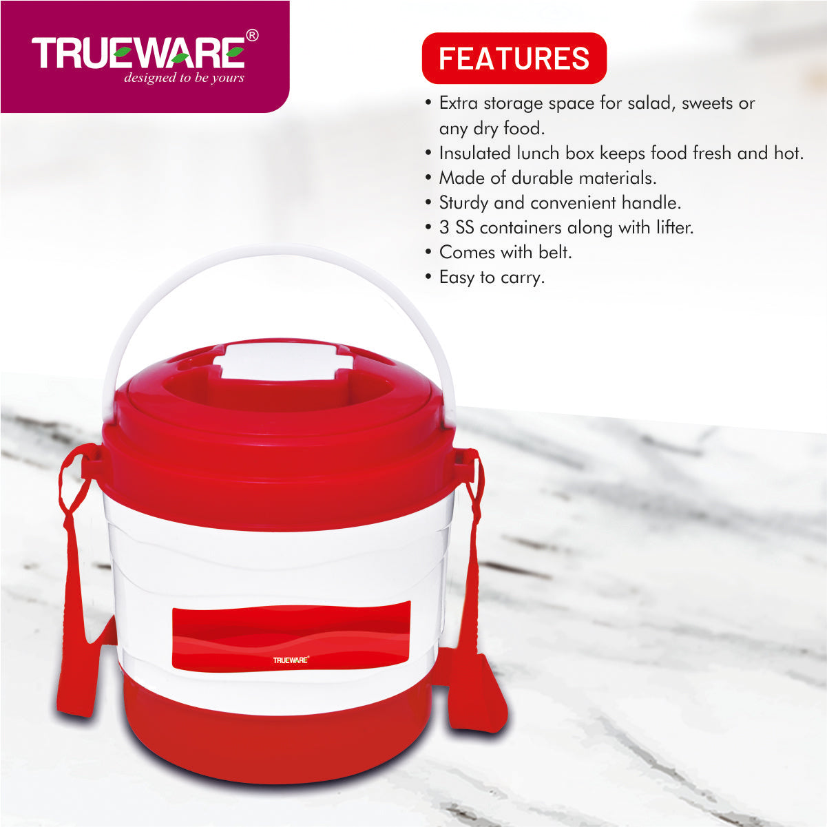 Trueware Marina 3 Lunch Box with 3 Steel Container, 300 ml X 3 Orange