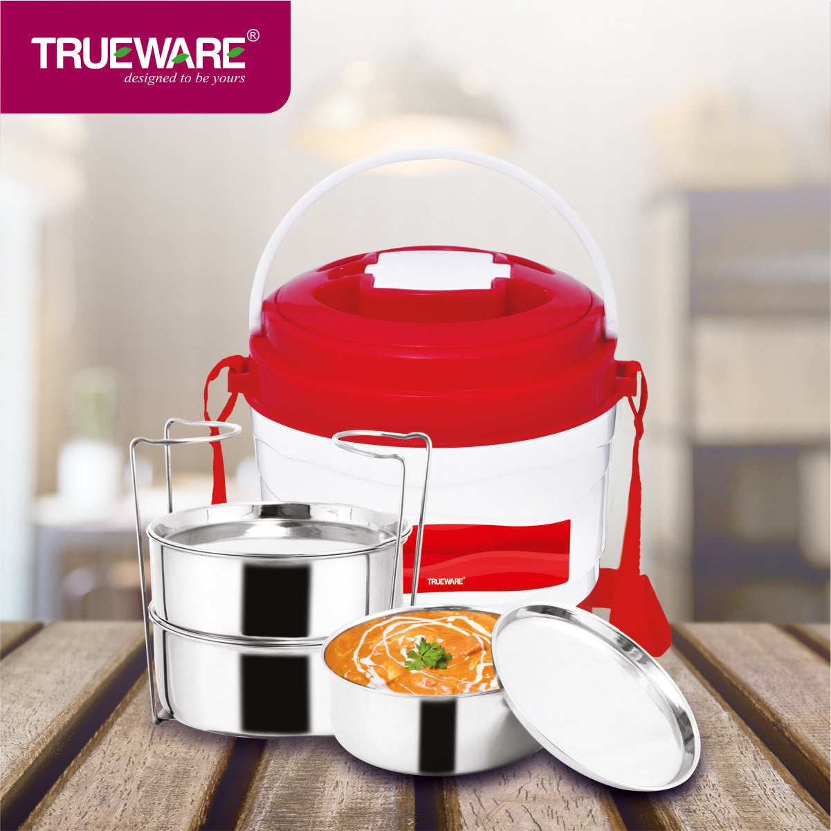Trueware Marina 3 Lunch Box with 3 Steel Container, 300 ml X 3 Orange