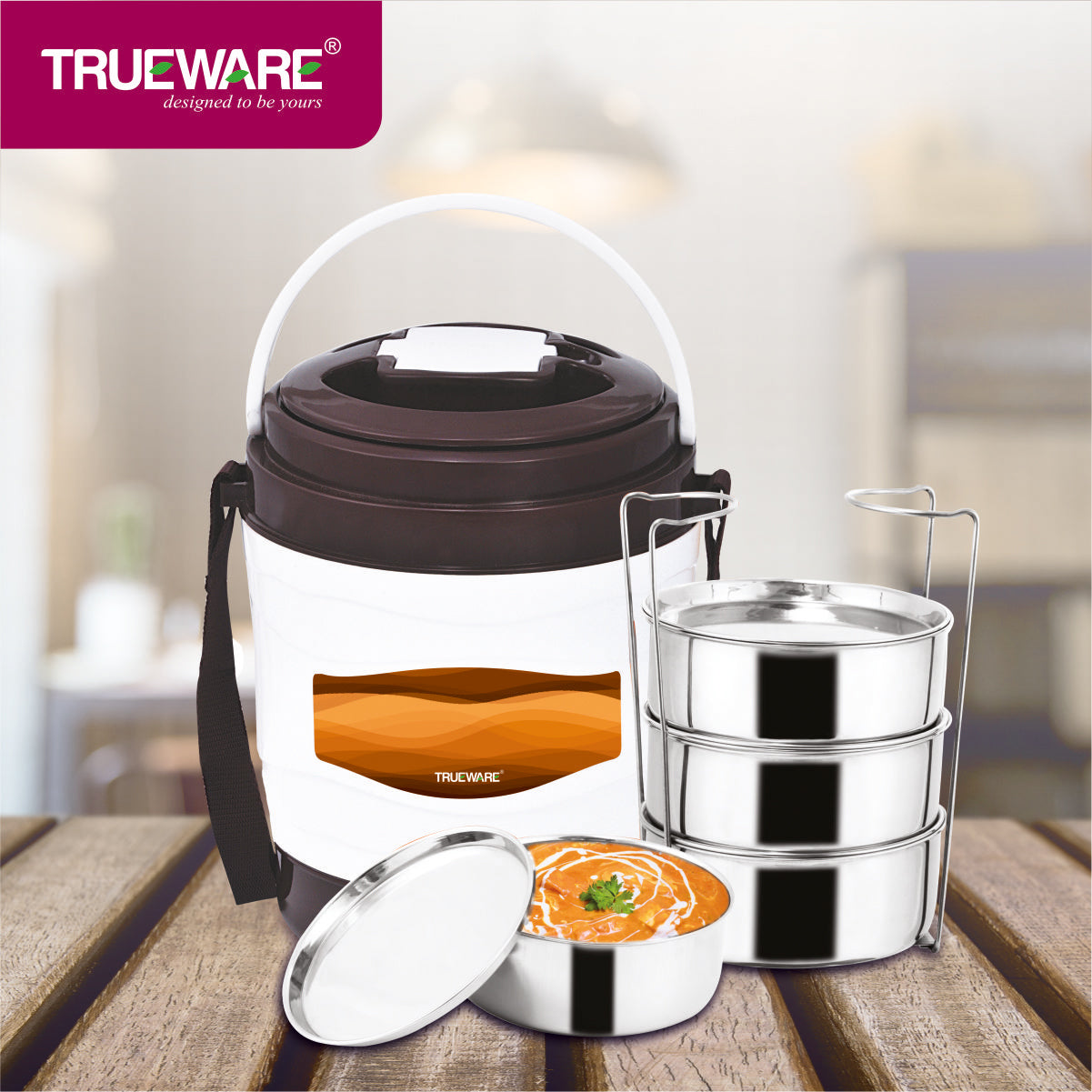 Trueware Marina 4 Lunch Box with 4 Steel Container, 300 ml X 4 Brown
