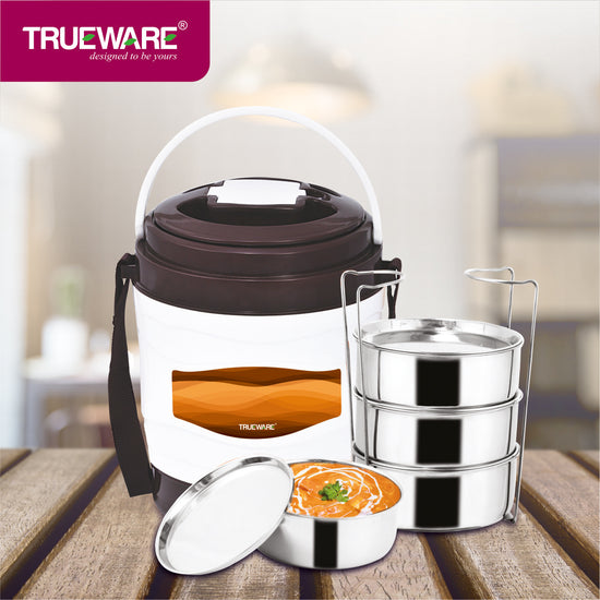 Trueware Marina 4 Lunch Box with 4 Steel Container, 300 ml X 4 Brown