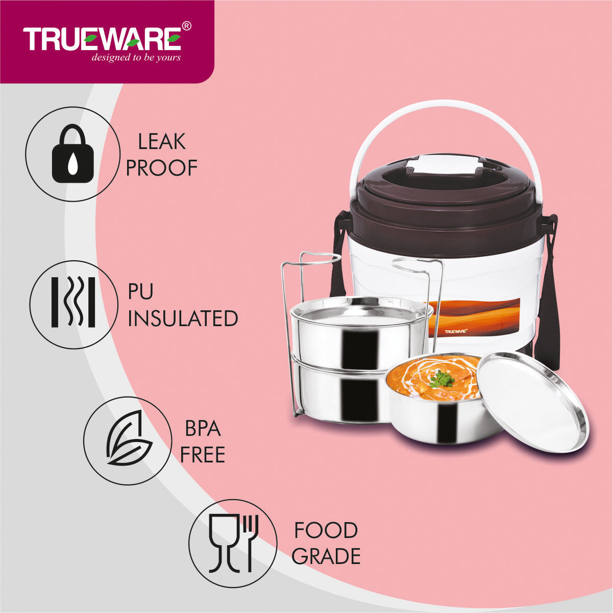 Trueware Marina 4 Lunch Box with 4 Steel Container, 300 ml X 4 Brown