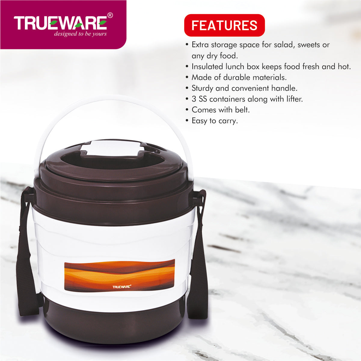 Trueware Marina 4 Lunch Box with 4 Steel Container, 300 ml X 4 Brown
