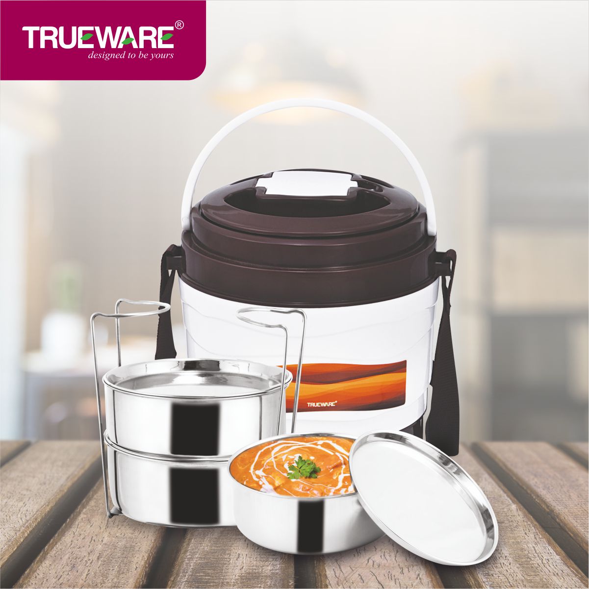 Trueware Marina 4 Lunch Box with 4 Steel Container, 300 ml X 4 Brown