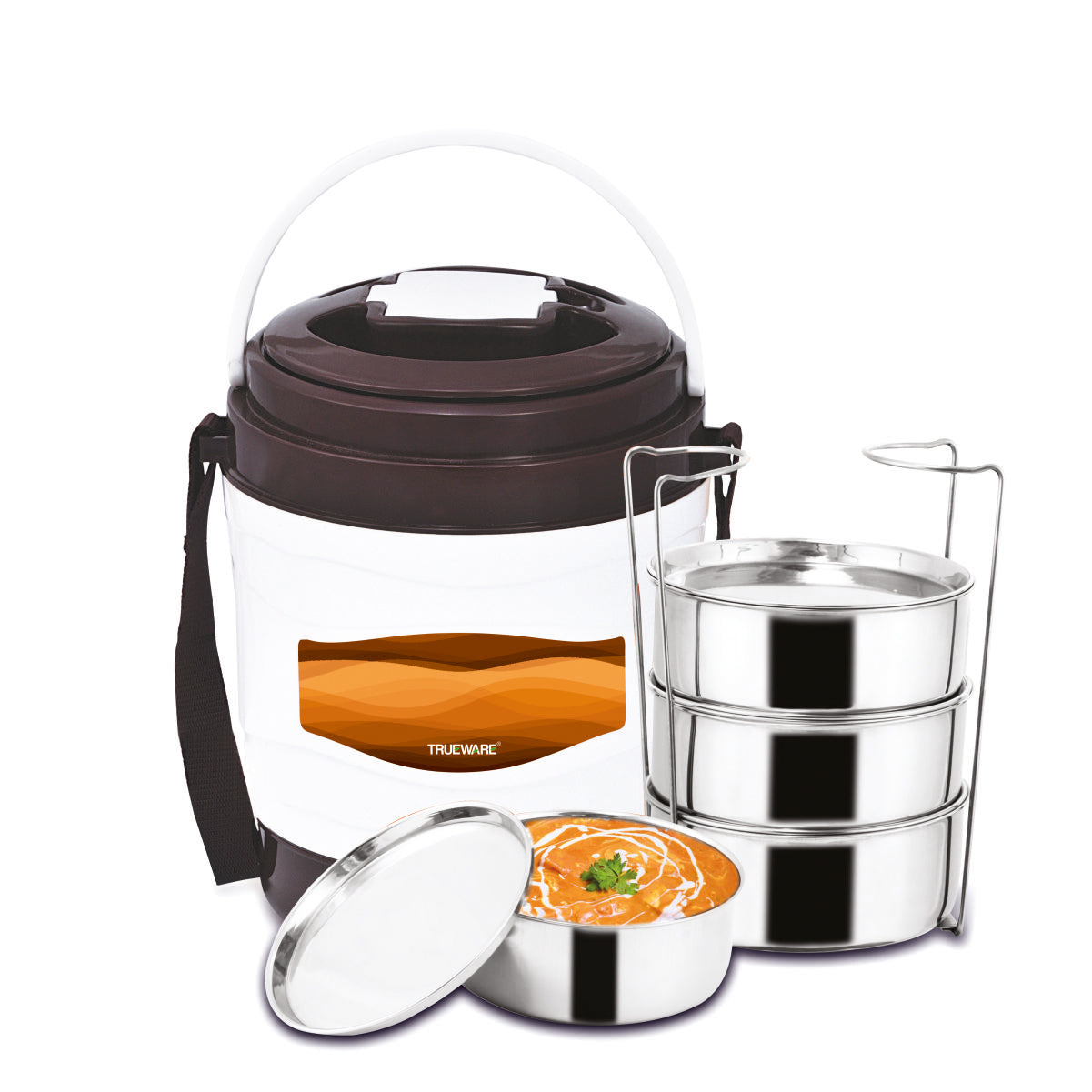 Trueware Marina 4 Lunch Box with 4 Steel Container, 300 ml X 4 Brown