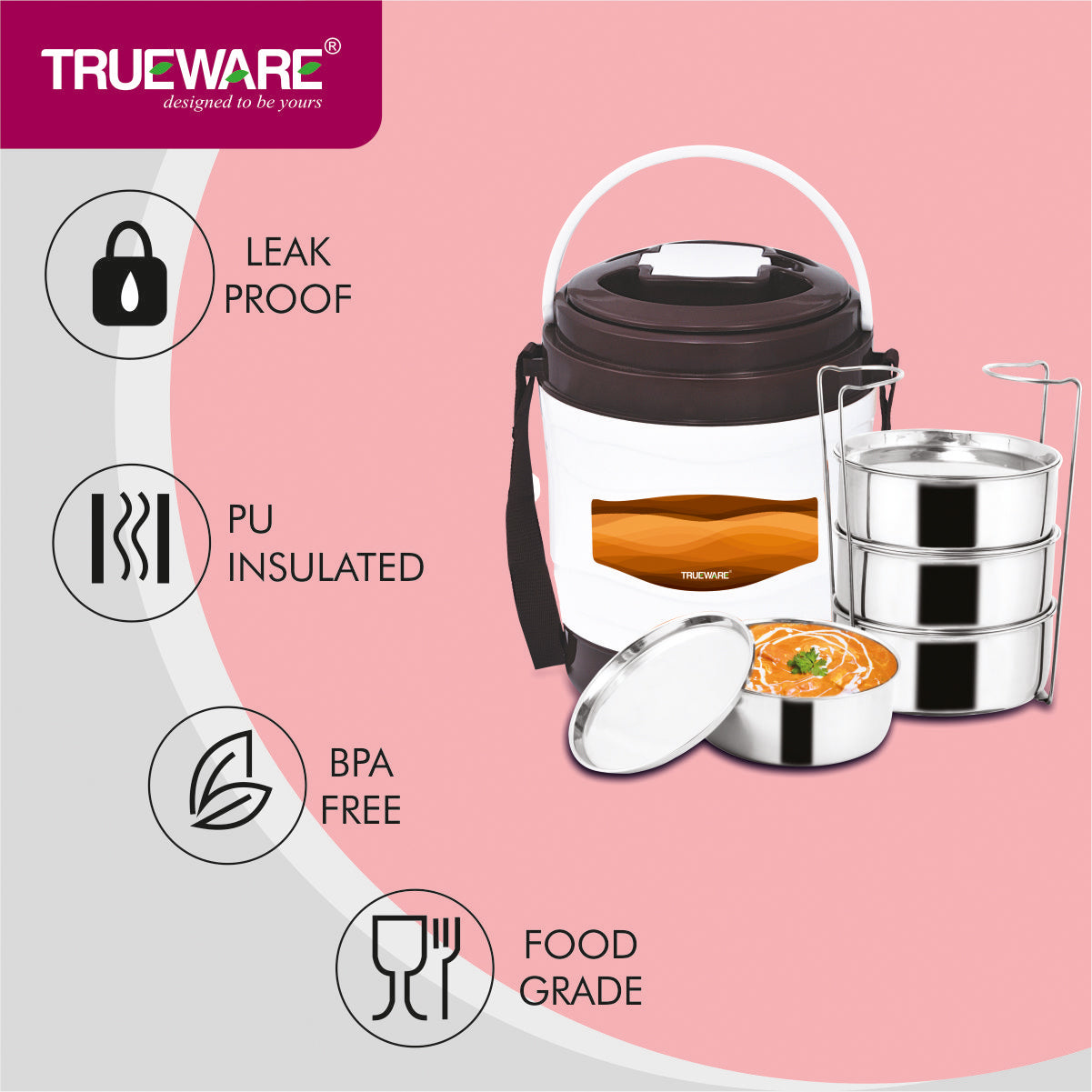 Trueware Marina 4 Lunch Box with 4 Steel Container, 300 ml X 4 Brown