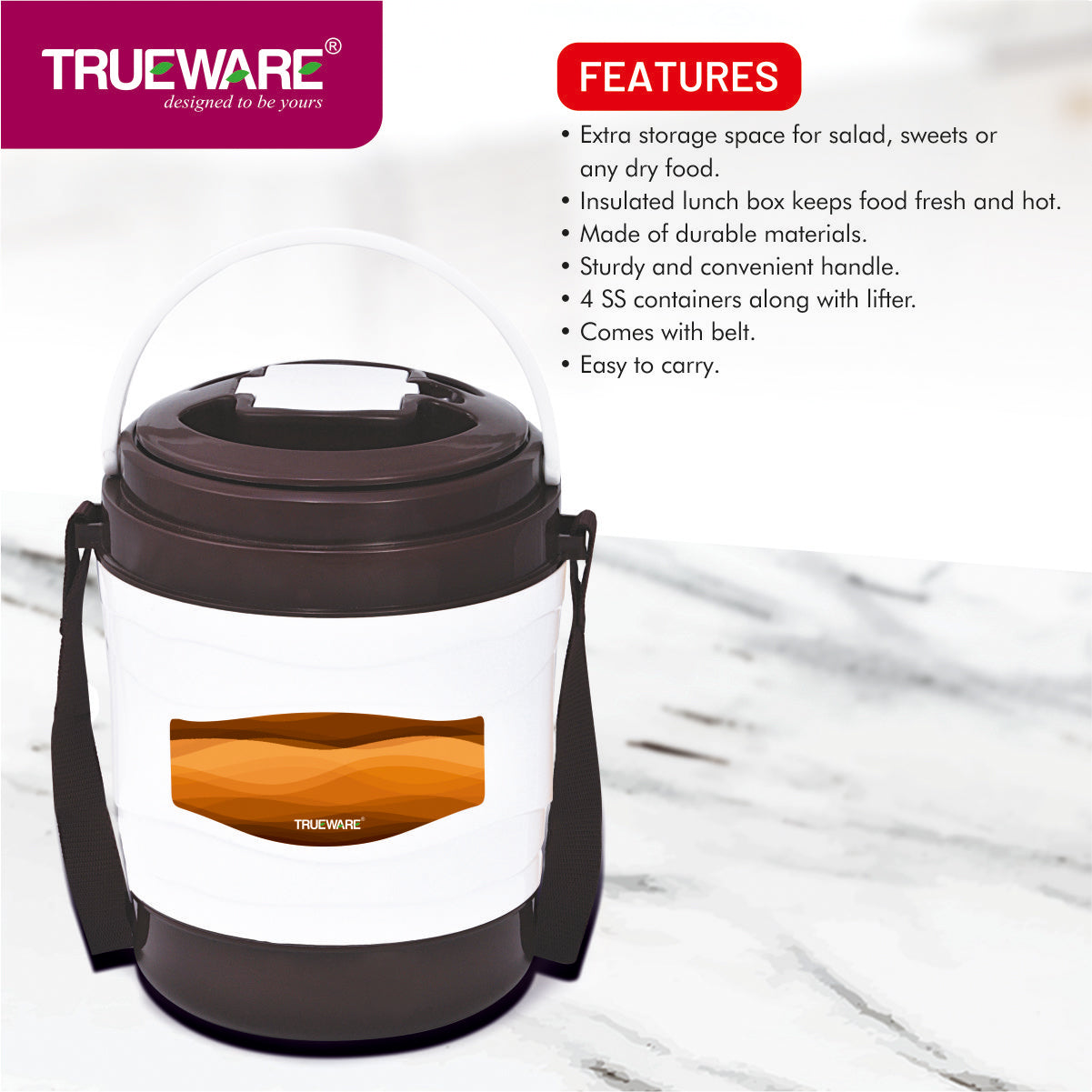 Trueware Marina 4 Lunch Box with 4 Steel Container, 300 ml X 4 Brown