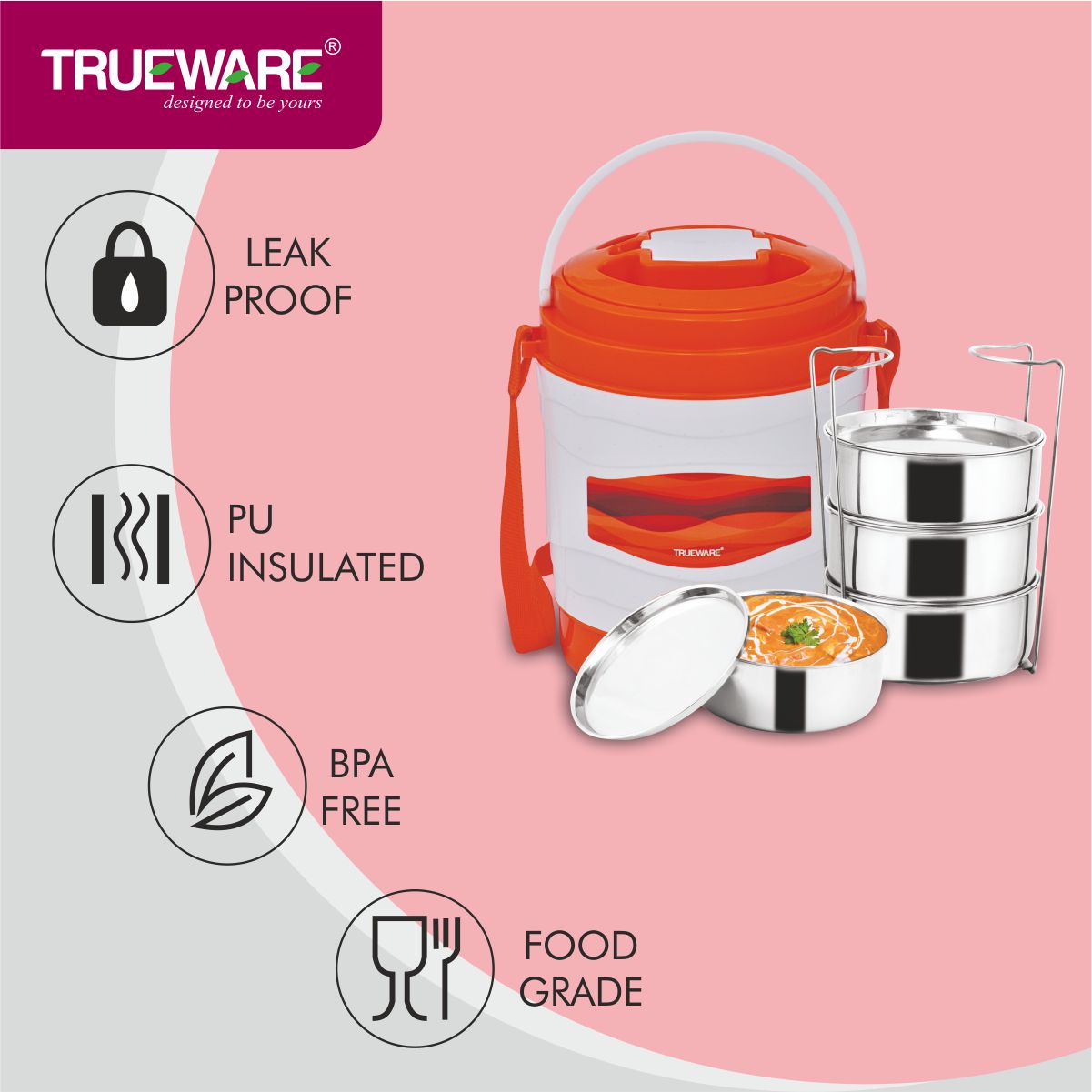 Trueware Marina 4 Lunch Box with 4 Steel Container, 300 ml X 4 Brown