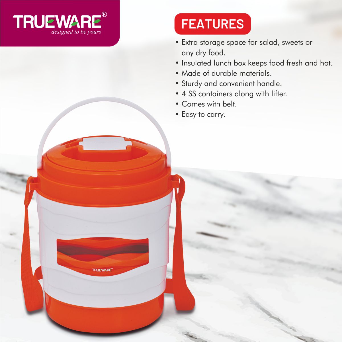 Trueware Marina 4 Lunch Box with 4 Steel Container, 300 ml X 4 Brown