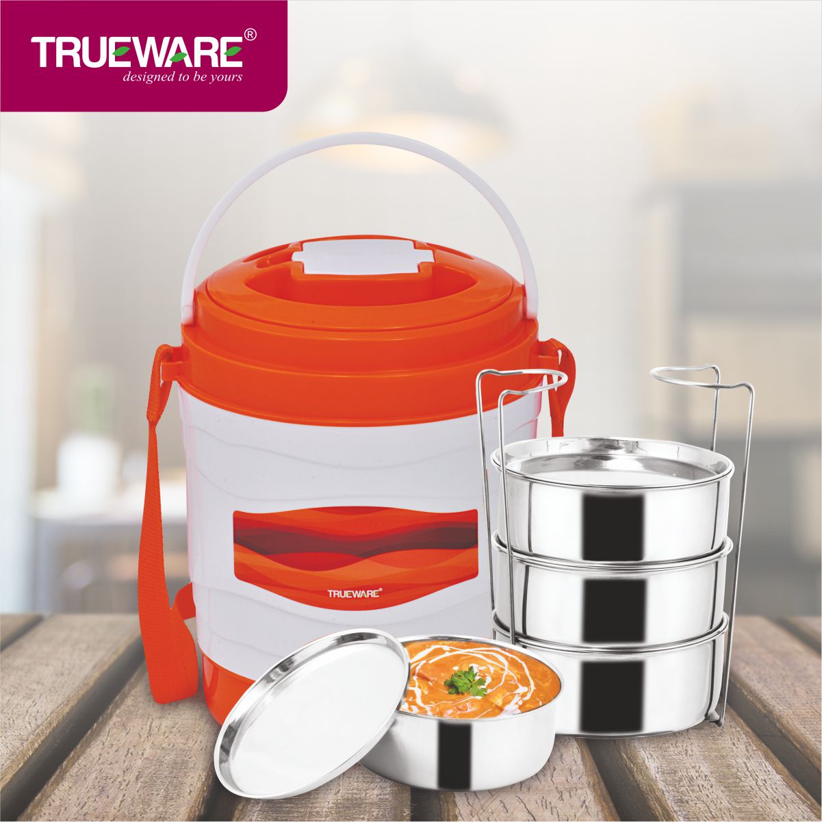 Trueware Marina 4 Lunch Box with 4 Steel Container, 300 ml X 4 Brown
