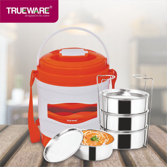 Trueware Marina 4 Lunch Box with 4 Steel Container, 300 ml X 4 Brown