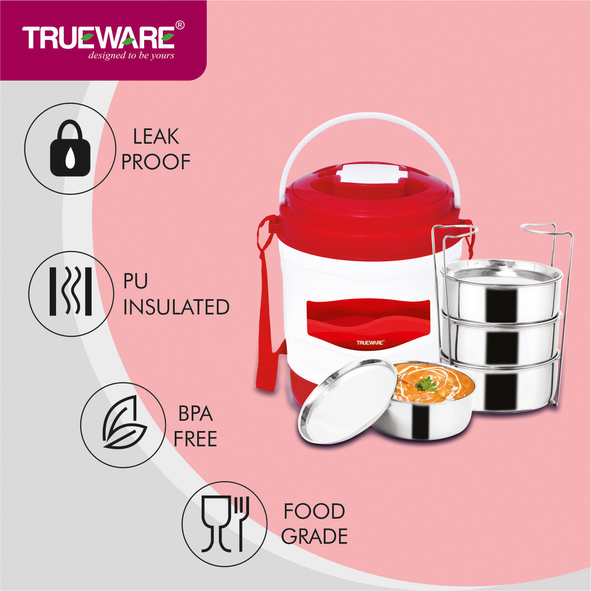 Trueware Marina 4 Lunch Box with 4 Steel Container, 300 ml X 4 Brown