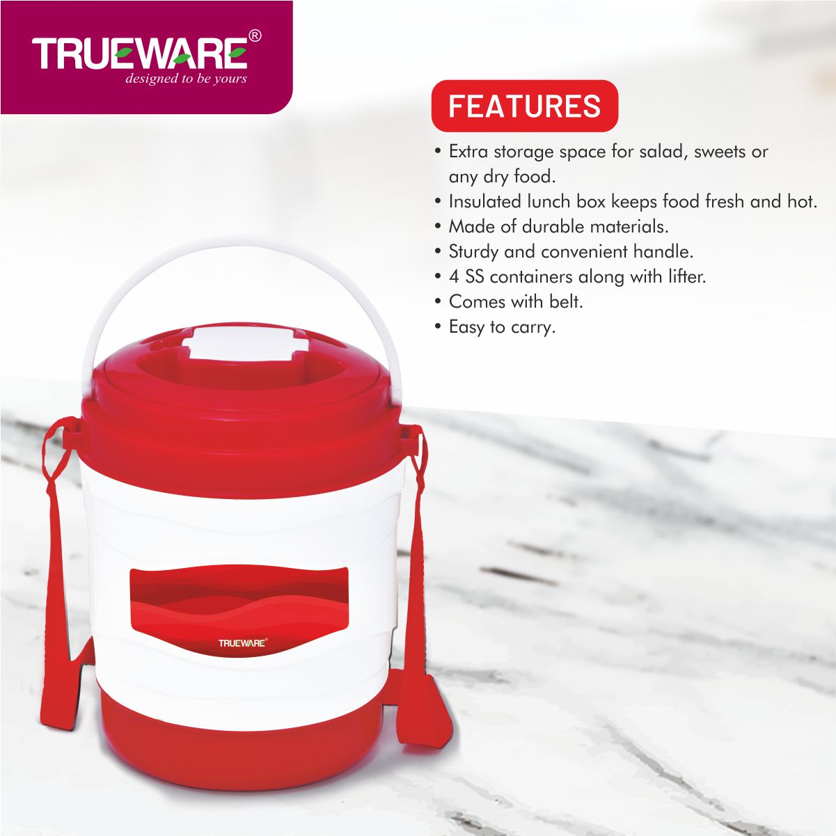 Trueware Marina 4 Lunch Box with 4 Steel Container, 300 ml X 4 Brown